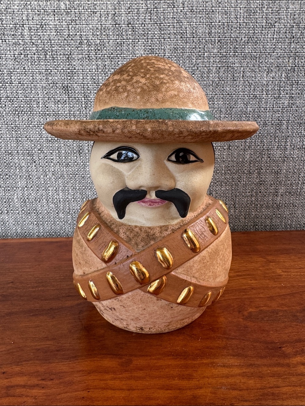 Vintage 1969 Ceramic Sombrero Figurine Teal Trim and Gold Accents Cookie Jar